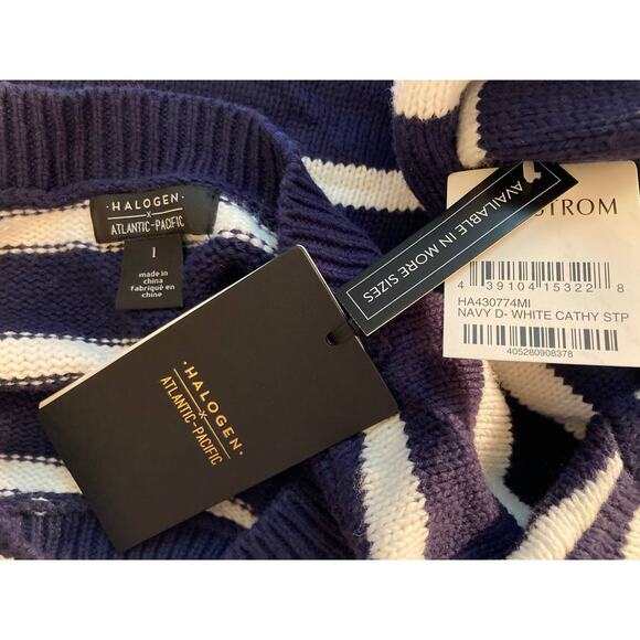 Halogen X Atlantic-Pacific Crew Sweater Sz Large Navy/White Cathy Stripes NWT - Picture 7 of 8